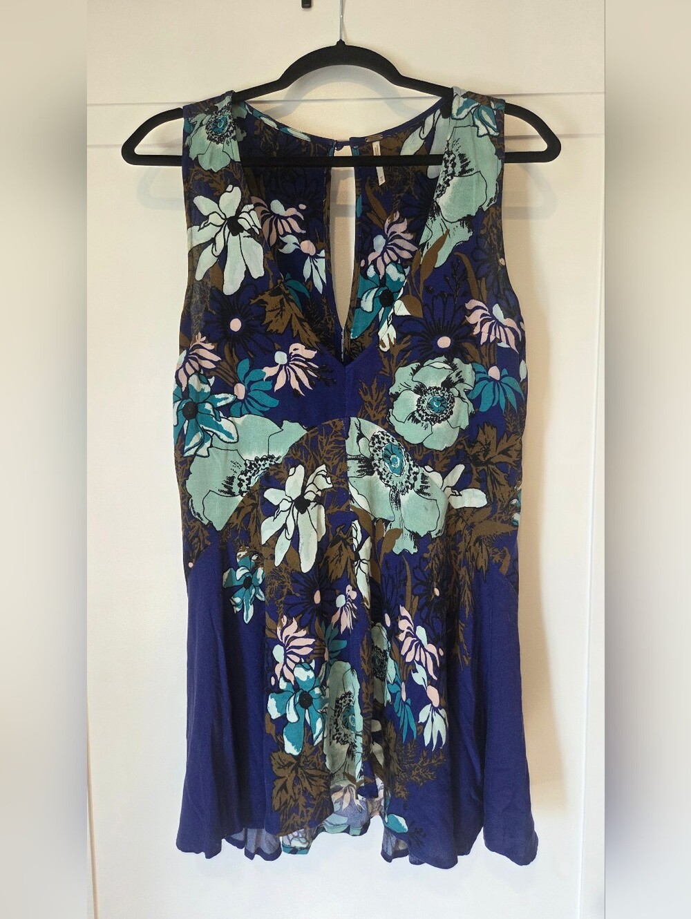 Free People Mini Dress in Navy Blue with Teal, Mint & Brown Floral Print